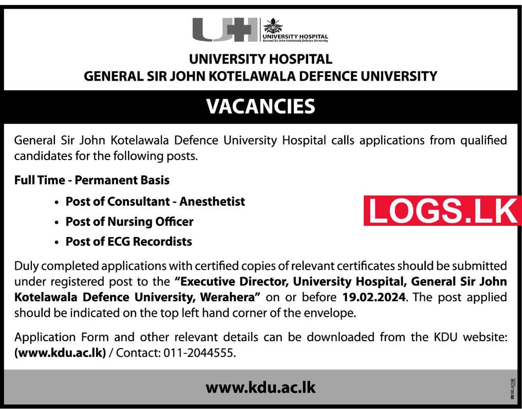 General Sir John Kotelawala Defence University Hospital Vacancies 2024 in Sri Lanka Application Form