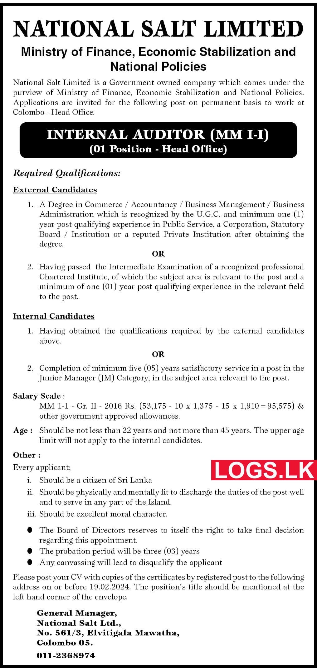 Internal Auditor - National Salt Limited Vacancies 2024 in Sri Lanka Application Form