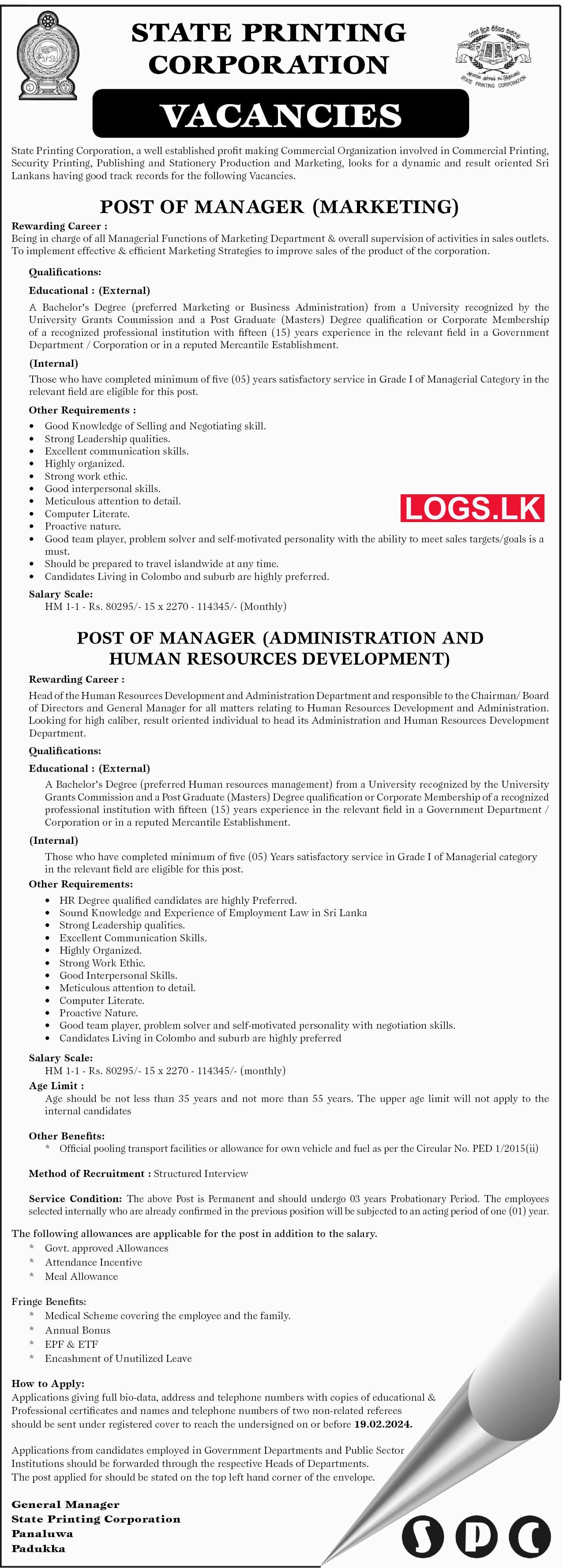 Manager - State Printing Corporation Vacancies 2024 in Sri Lanka Application Form