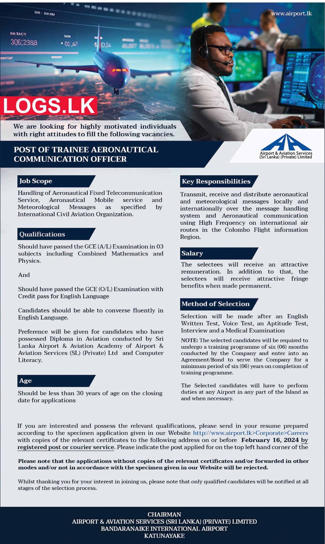 Trainee Aeronautical Communication Officer - Airport Vacancies 2024 in Sri Lanka Application Form