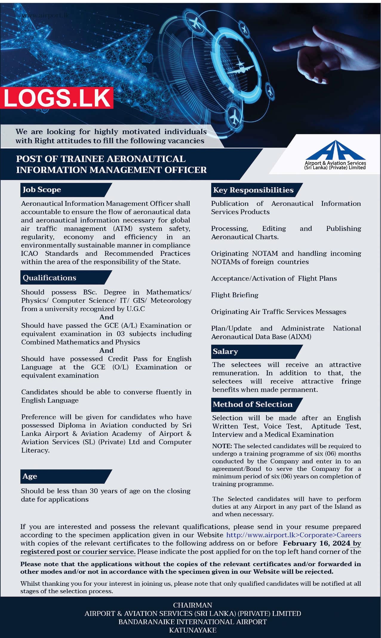 Trainee Aeronautical Information Management Officer - Airport Vacancy 2024 in Sri Lanka