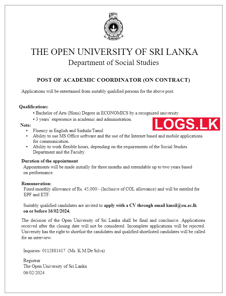 Academic Coordinator - The Open University Vacancies 2024 Application Form, Details Download