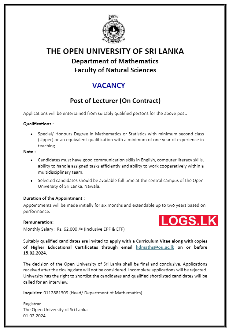 Lecturer - The Open University of Sri Lanka Vacancies 2024 Application Form, Details Download
