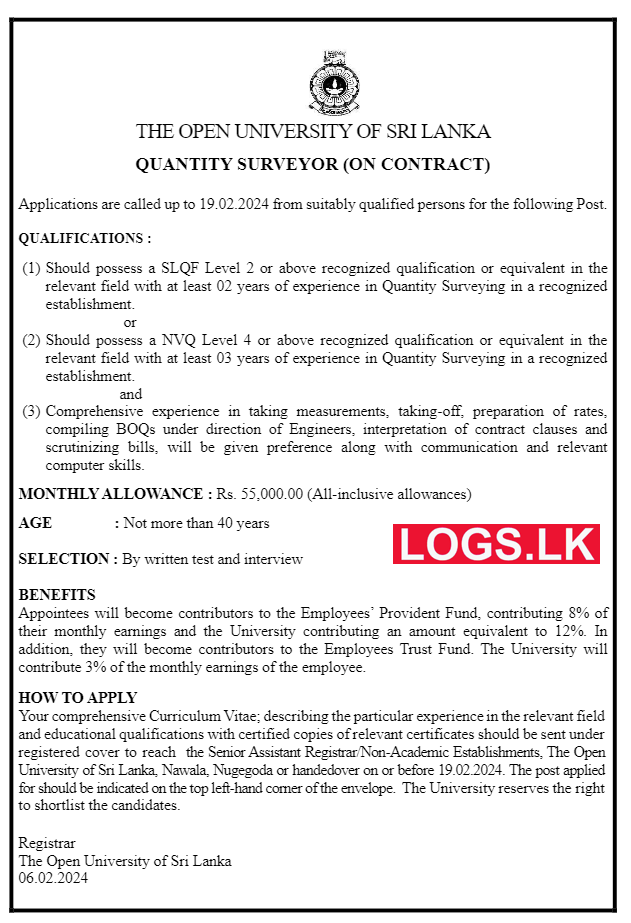 Quantity Surveyor - Open University Job Vacancies 2024 in Sri Lanka Application Form