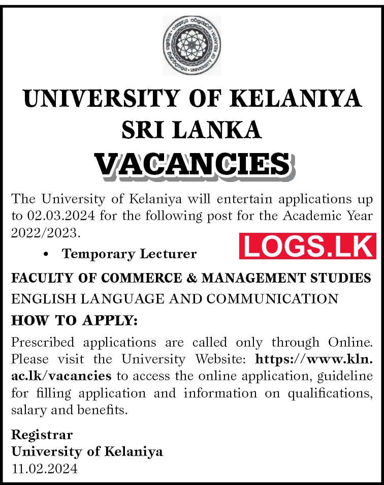 Temporary Lecturer - University of Kelaniya Vacancies 2024 in Sri Lanka Application Form