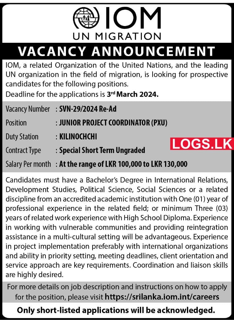 Junior Project Coordinator (Pw) - IOM Vacancies 2024 in Sri Lanka Application Form