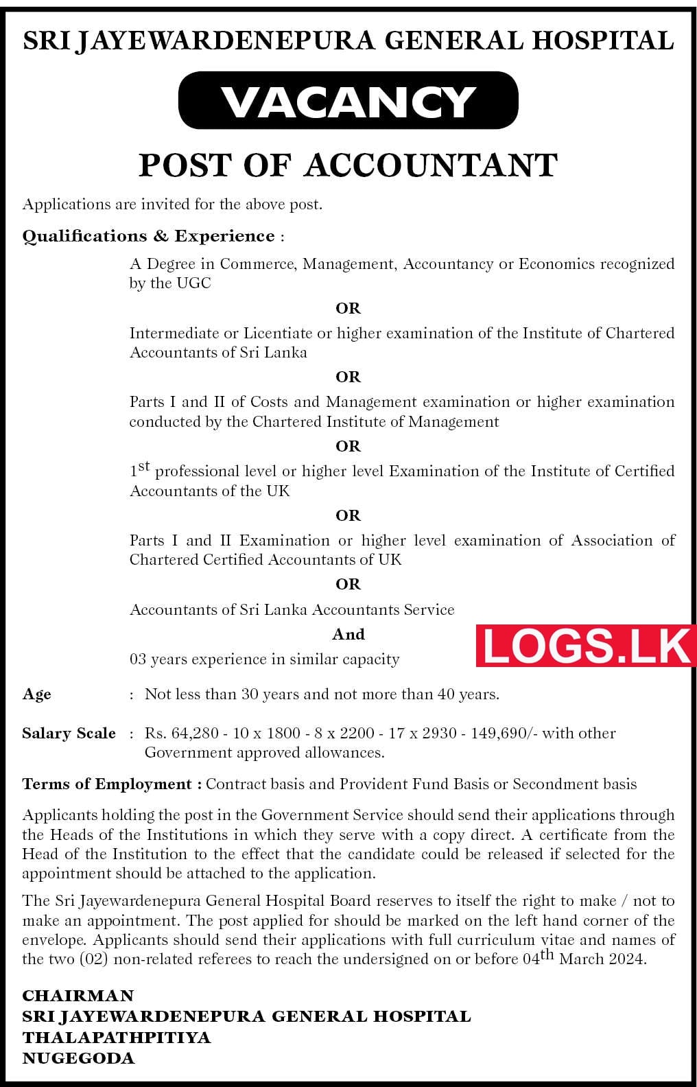 Accountant - Sri Jayewardenepura General Hospital Vacancies 2024 Application Form