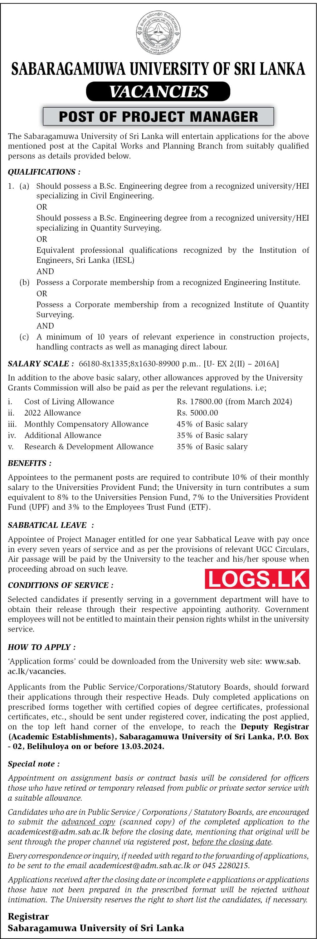 Project Manager - Sabaragamuwa University Vacancies 2024 Application Form, Details Download