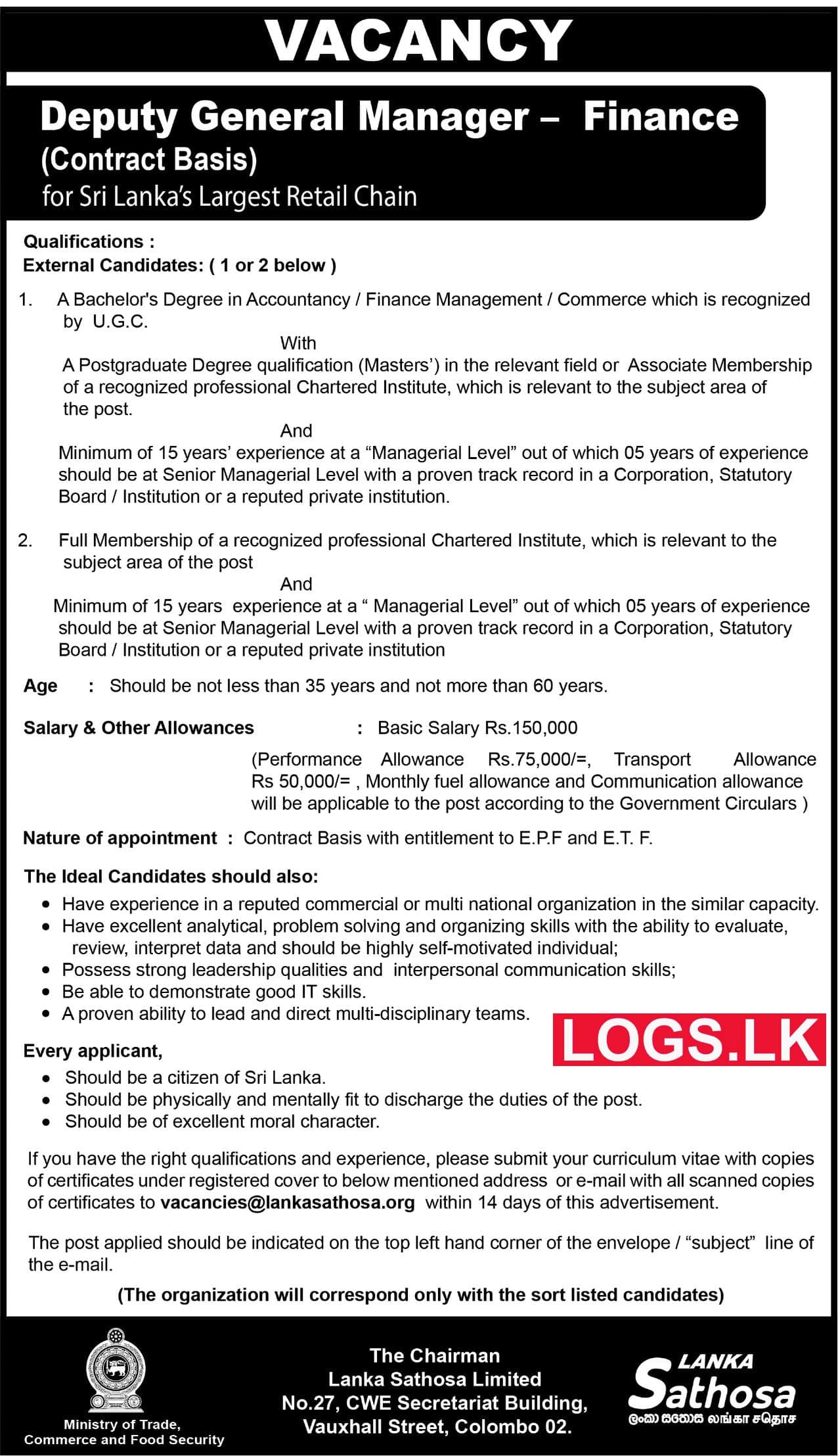 Deputy General Manager - Sathosa Job Vacancies 2024 Application Form, Details Download