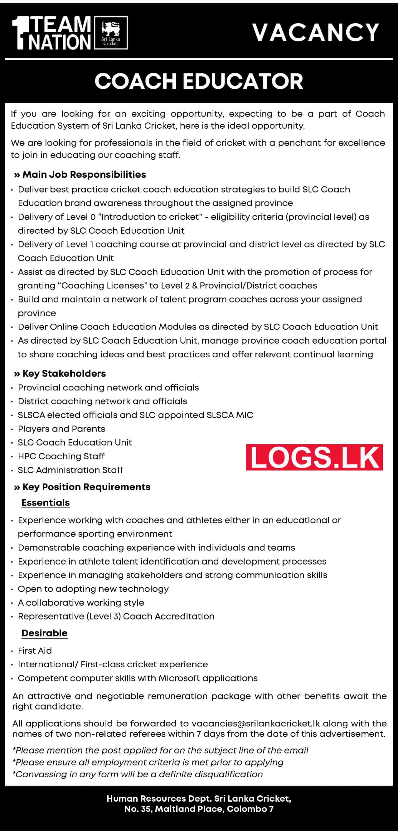 Coach Educator - Sri Lanka Cricket Vacancies 2024 Application