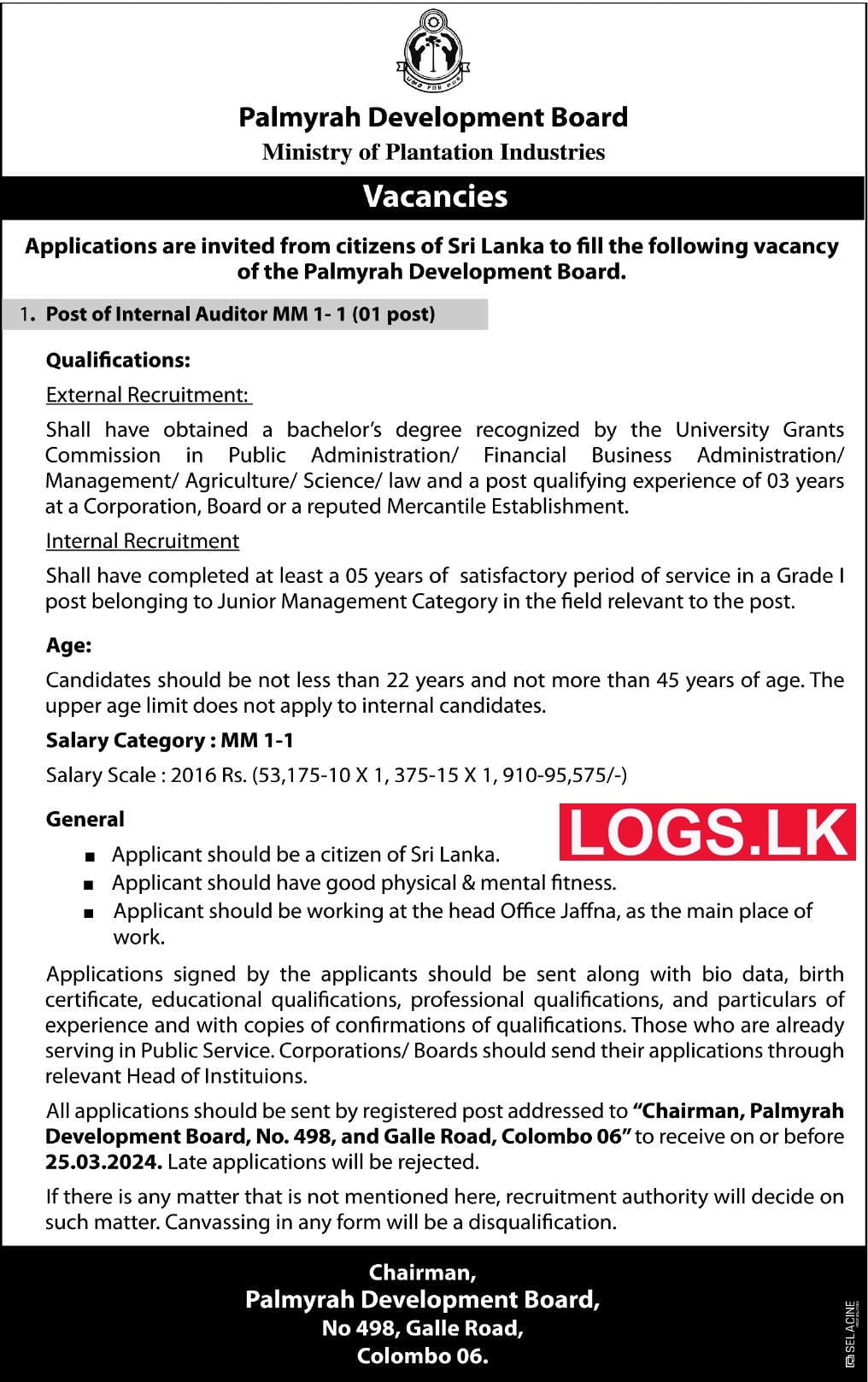 Internal Auditor - Palmyrah Development Board Vacancies 2024 Application Form