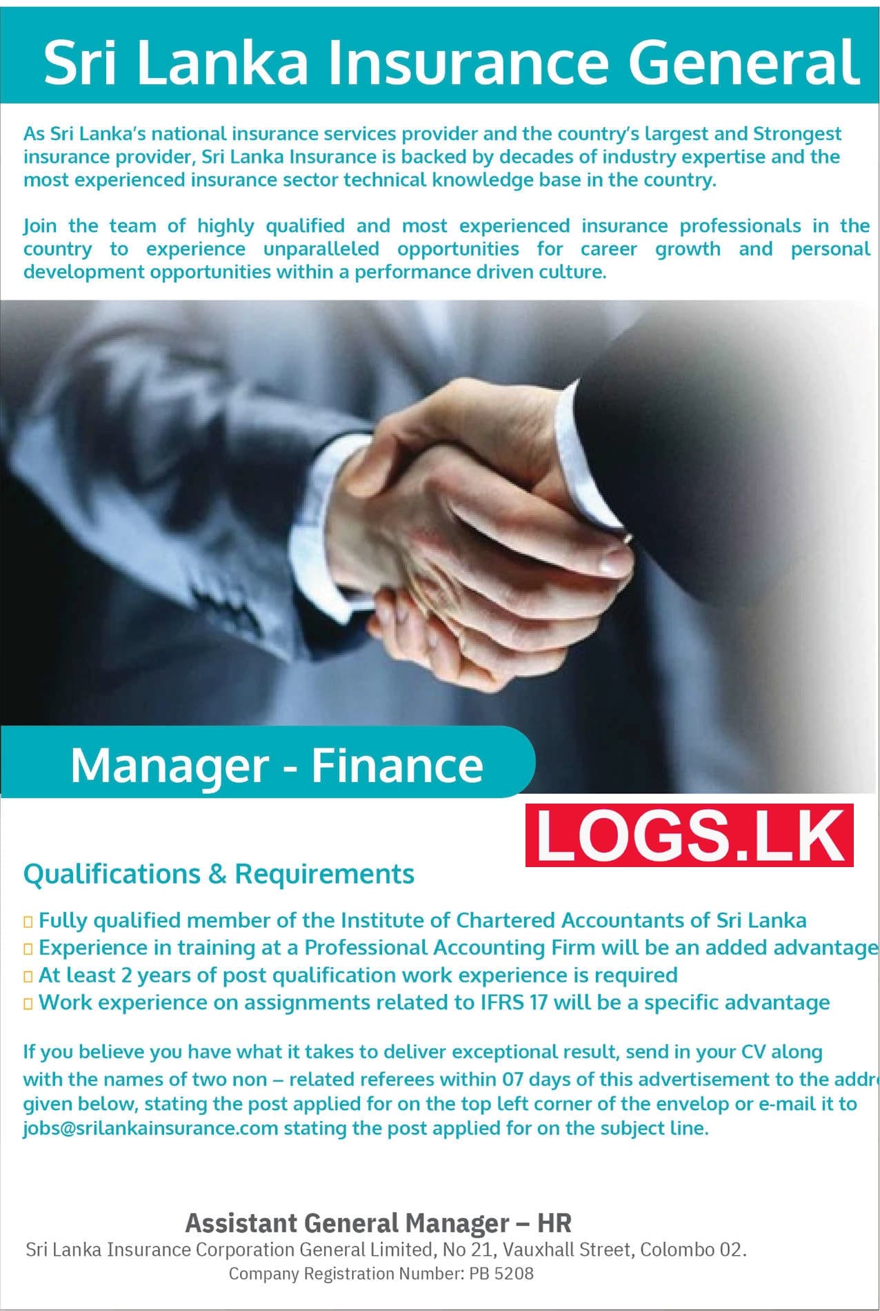 Finance Manager - Sri Lanka Insurance Job Vacancies 2024 Application Form, Details Download