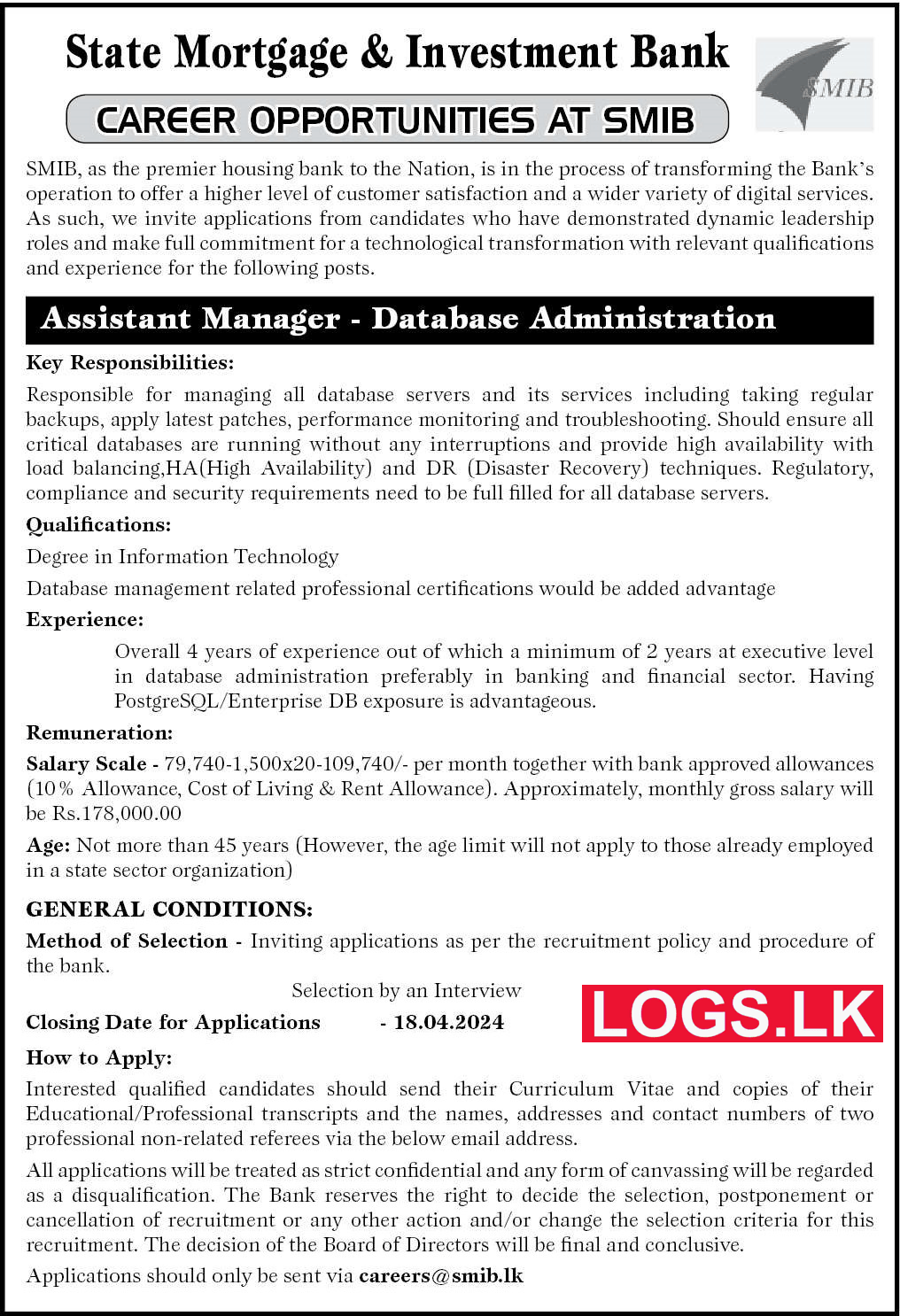 Assistant Manager (DB Admin) - SMIB Bank Job Vacancies 2024 Application Form, Details Download