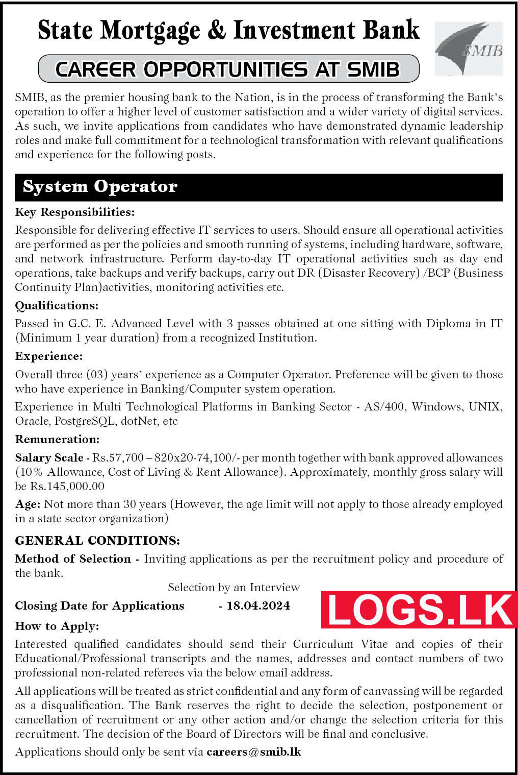 System Operator - State Mortgage & Investment Bank Vacancies 2024 Application Form