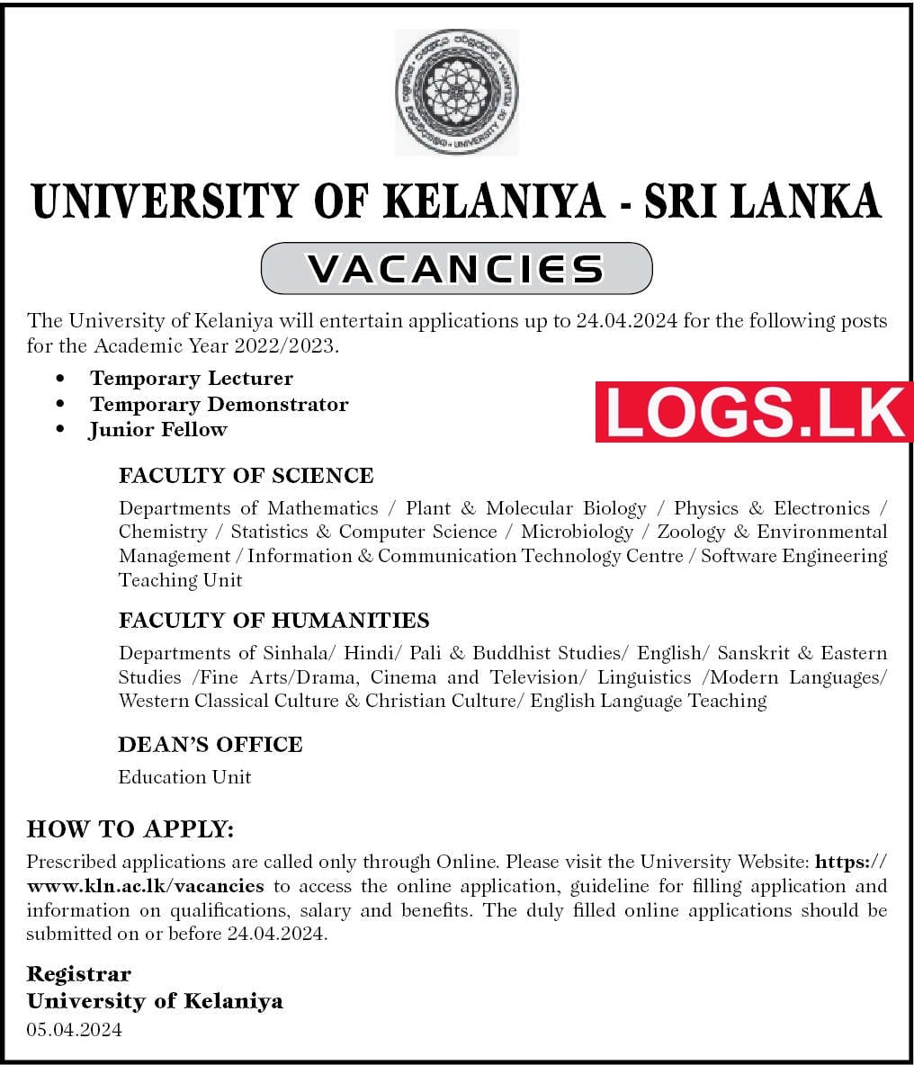 University of Kelaniya Sri Lanka Vacancies 2024 Application Form, Details Download