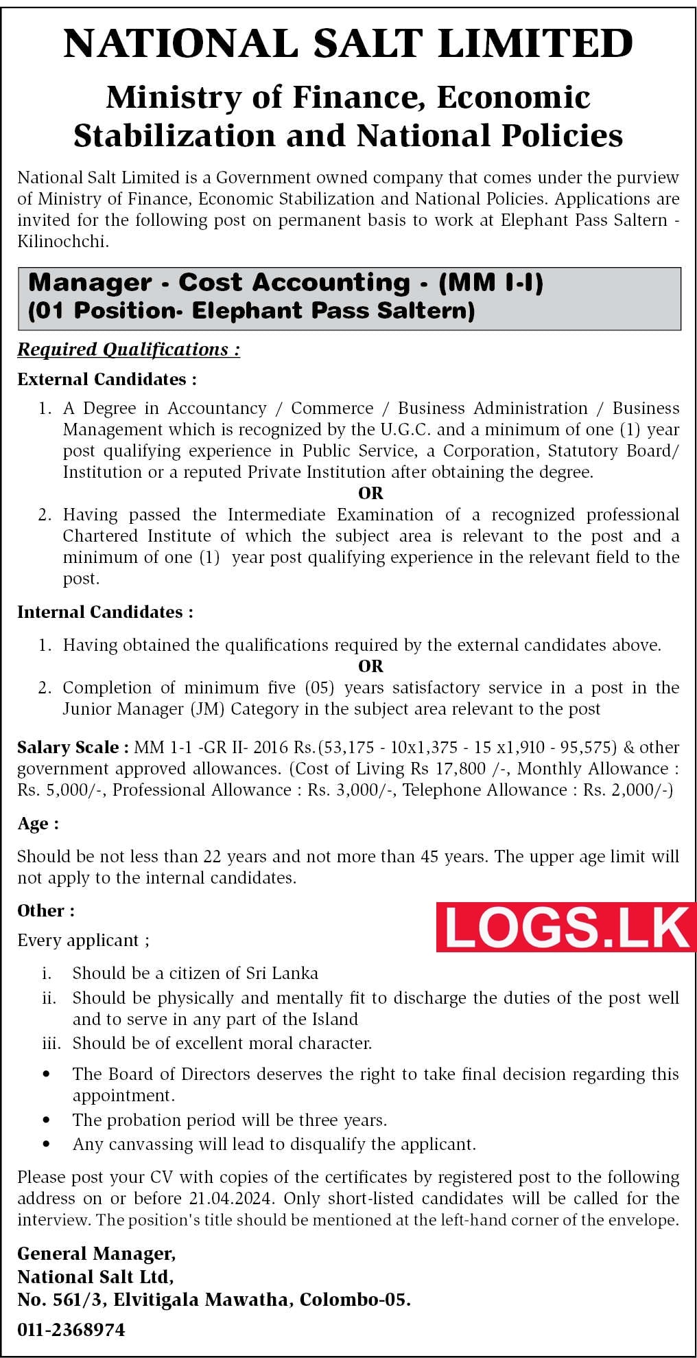 Manager (Cost Accounting) - National Salt Limited Vacancies 2024 Application Form, Details Download