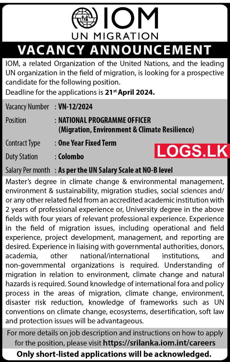 National Programme Officer - IOM Vacancies 2024 Application Form, Details Download