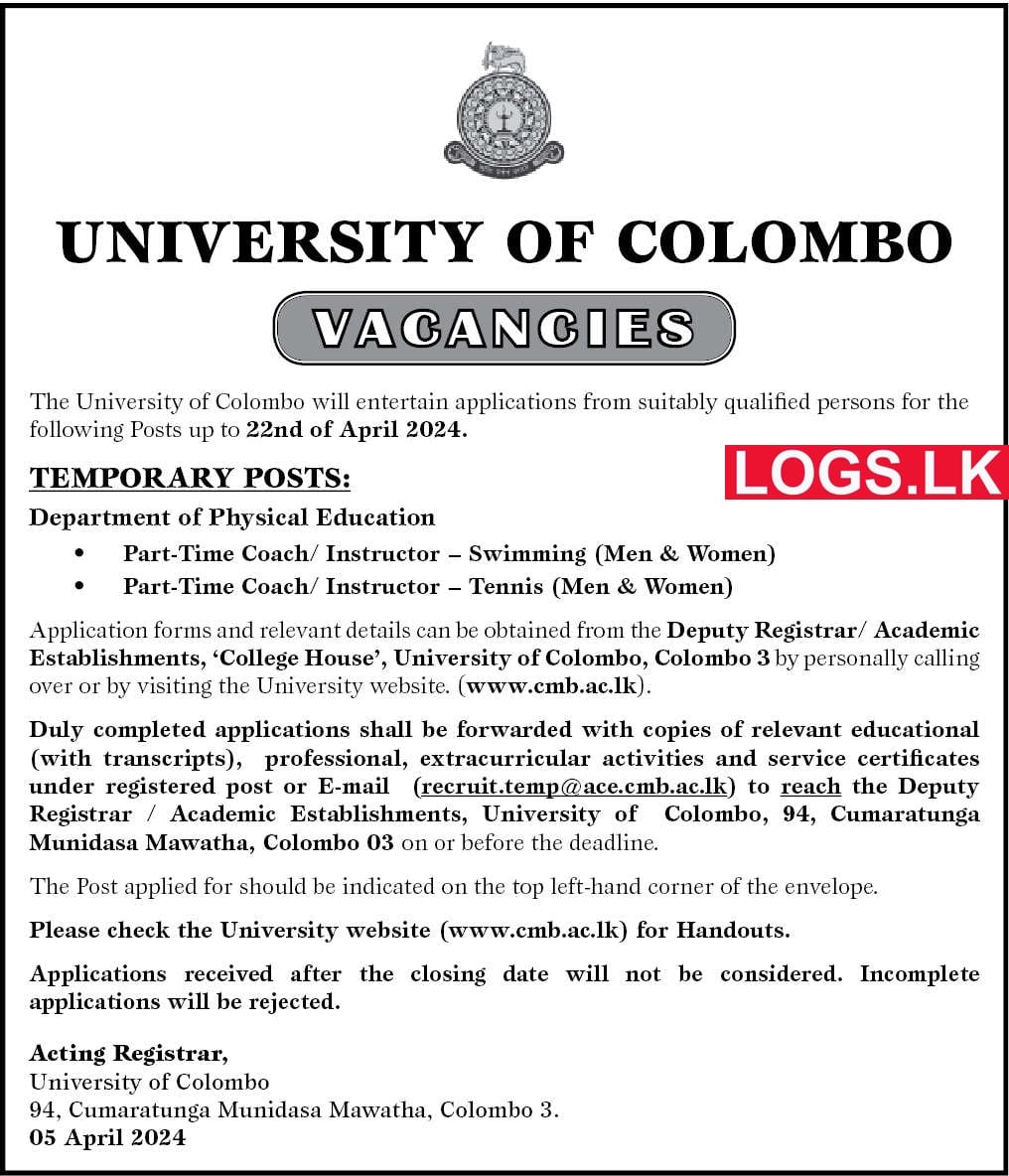 Part Time Coach and Instructor - University of Colombo Vacancies 2024 Application Form, Details Download
