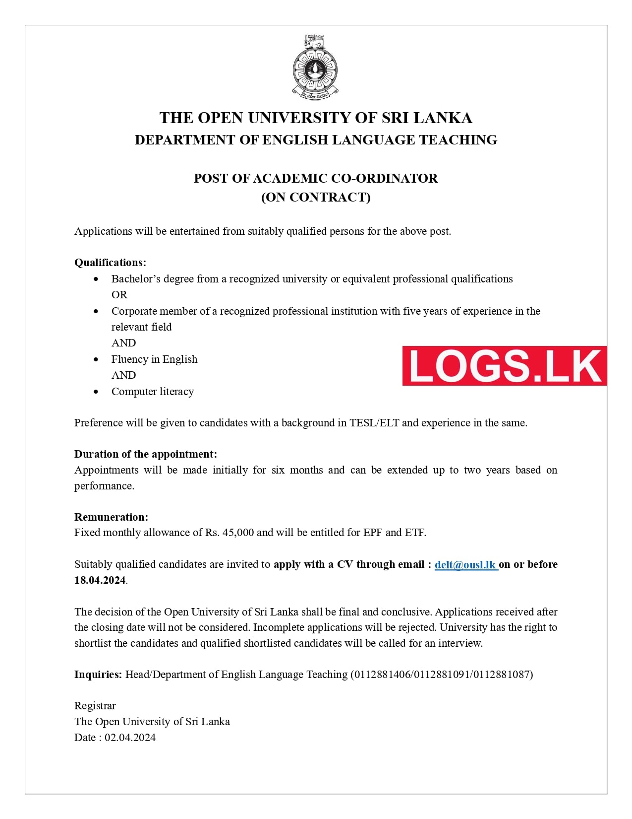 Academic Co-ordinator - Open University Job Vacancies 2024 Application Form