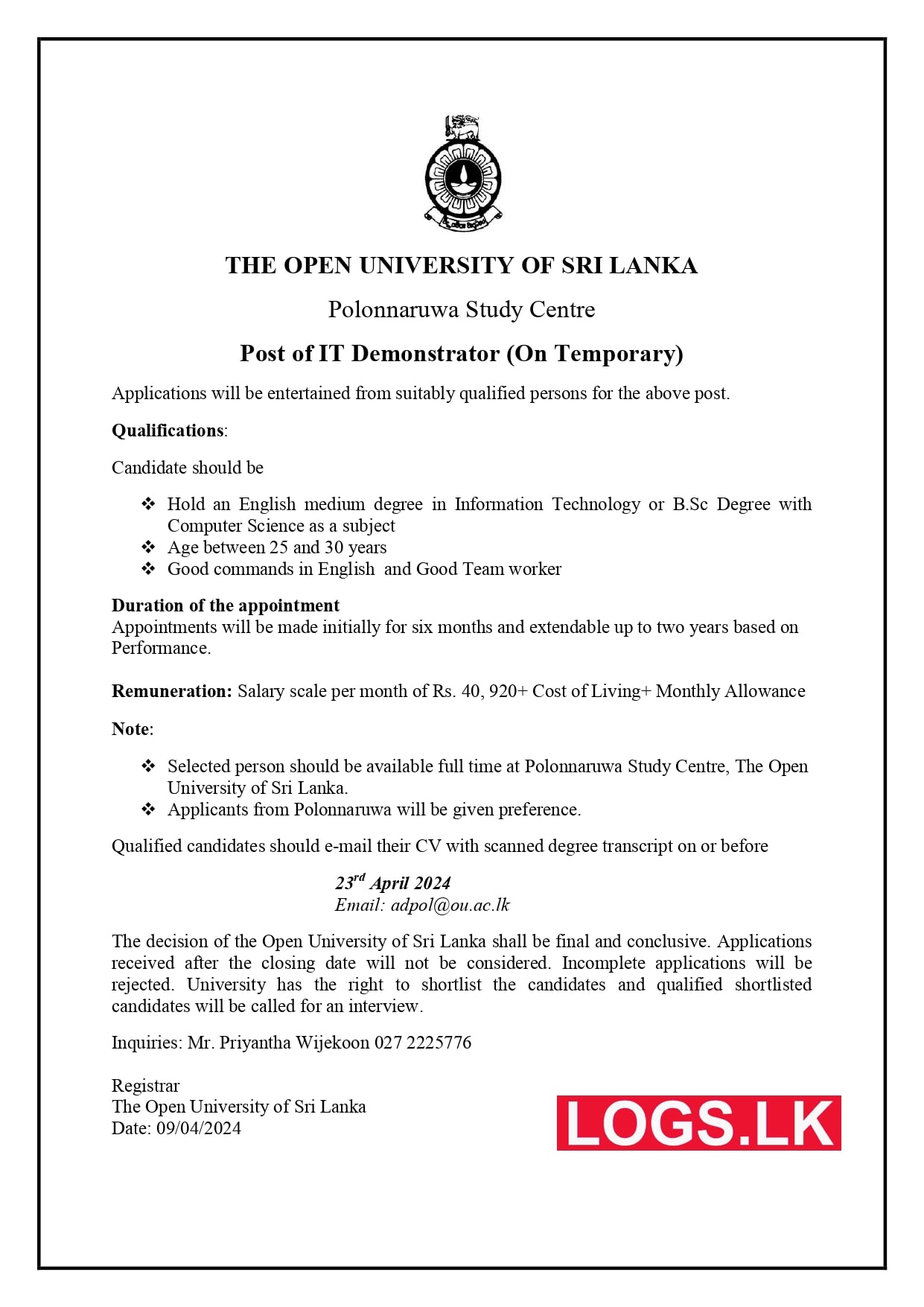 IT Demonstrator - Open University Job Vacancies 2024 Application Form, Details Download