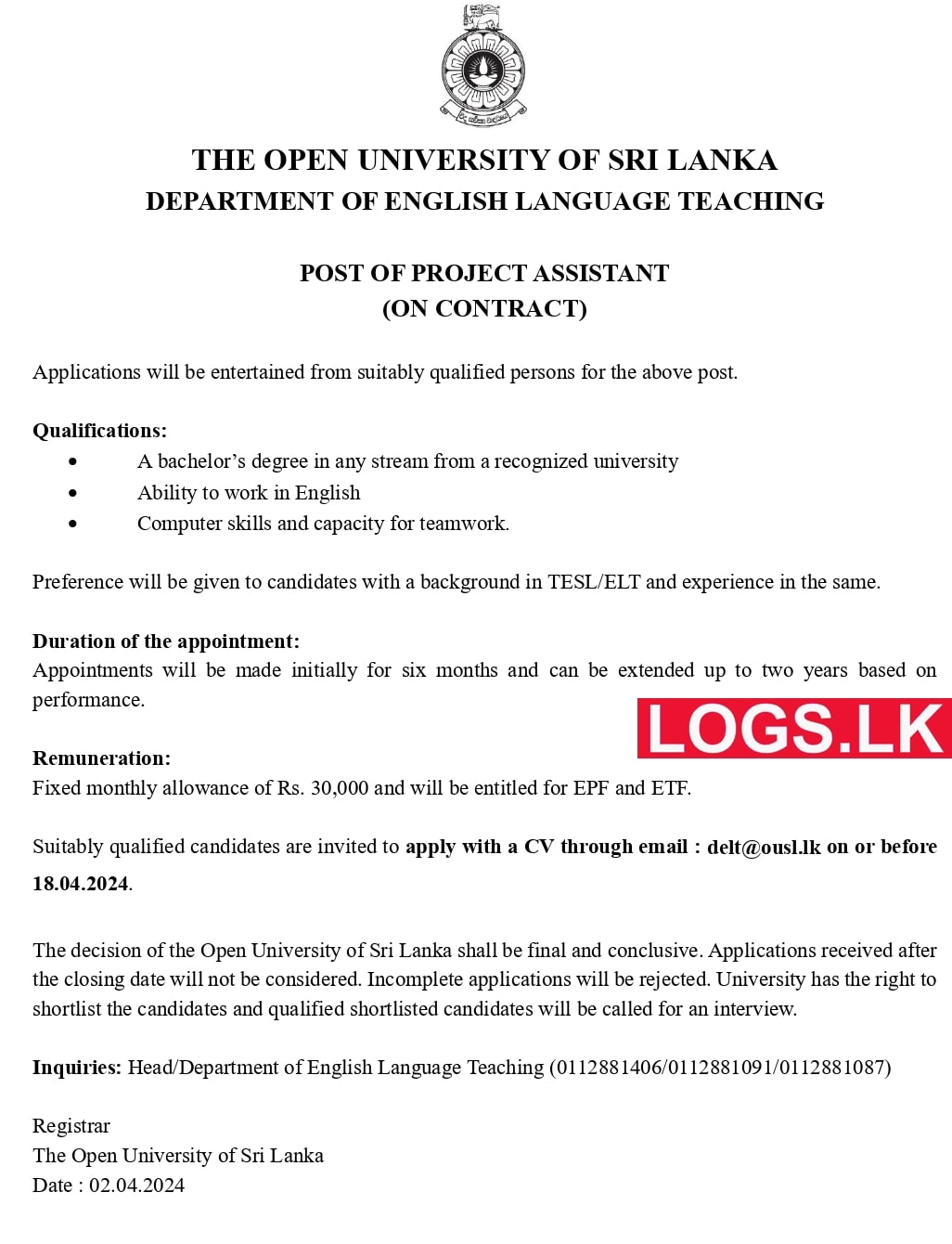 Project Assistant (On Contract) - Open University Vacancies 2024 Application Form, Details Download