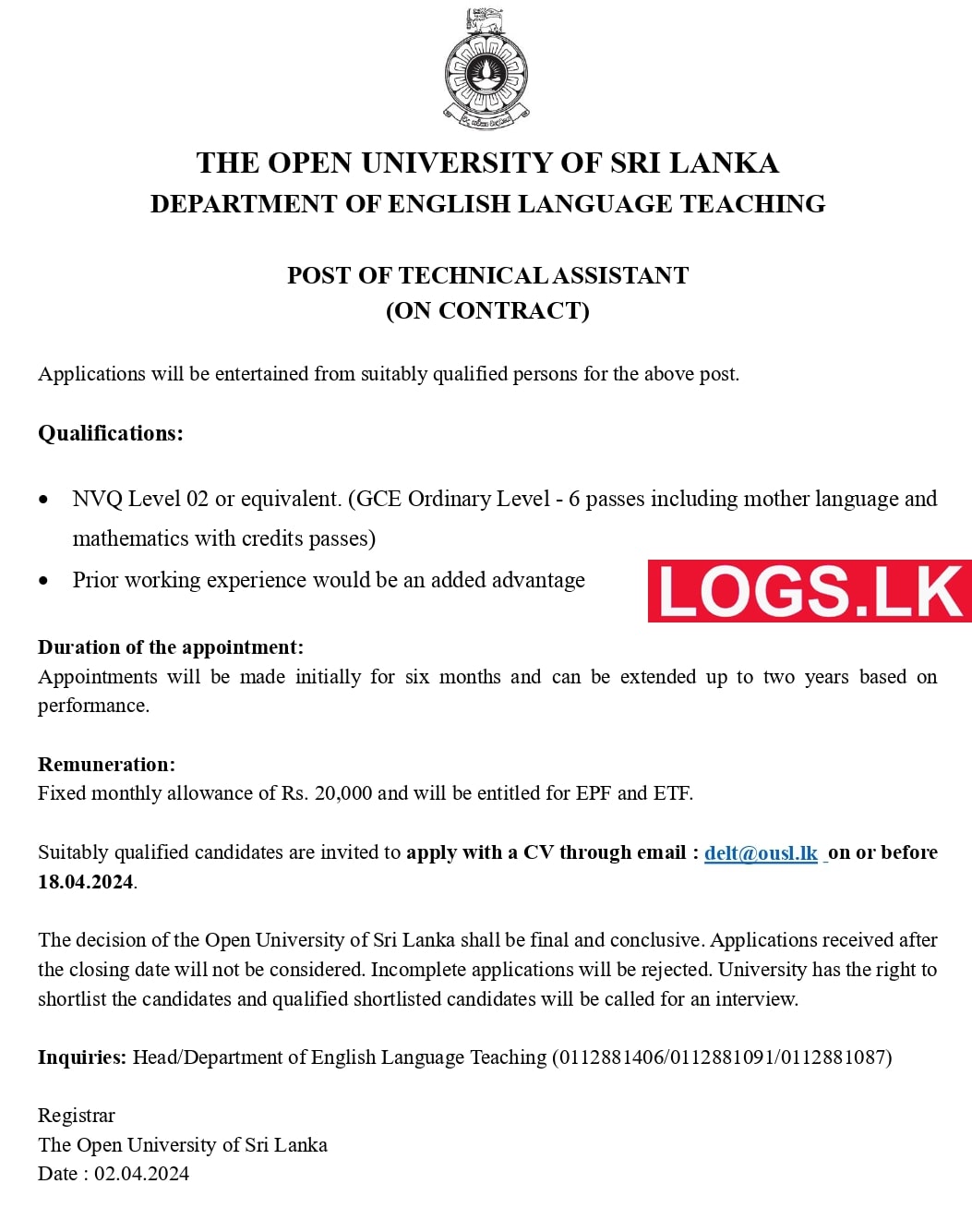 Technical Assistant - Open University Job Vacancies 2024 Application Form, Details Download