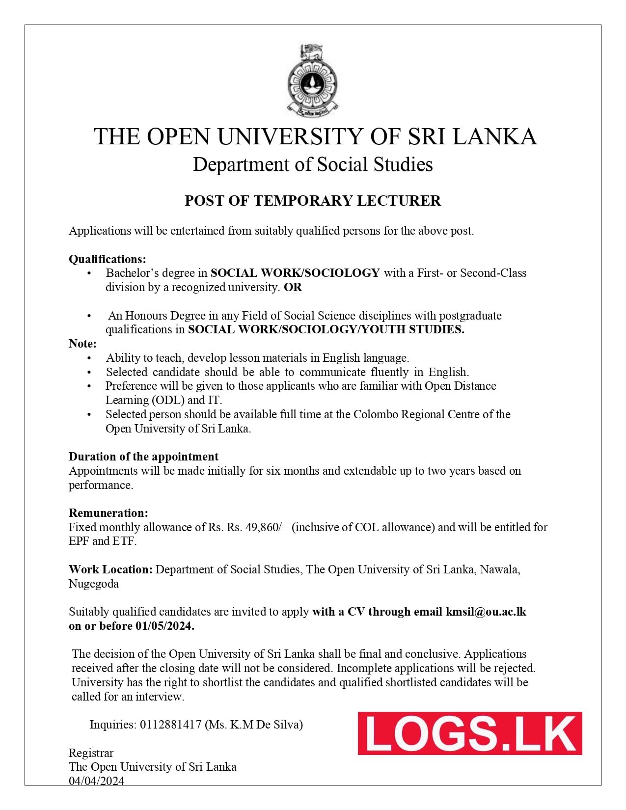 Temporary Lecturer - Open University Job Vacancies 2024 Application Form, Details Download