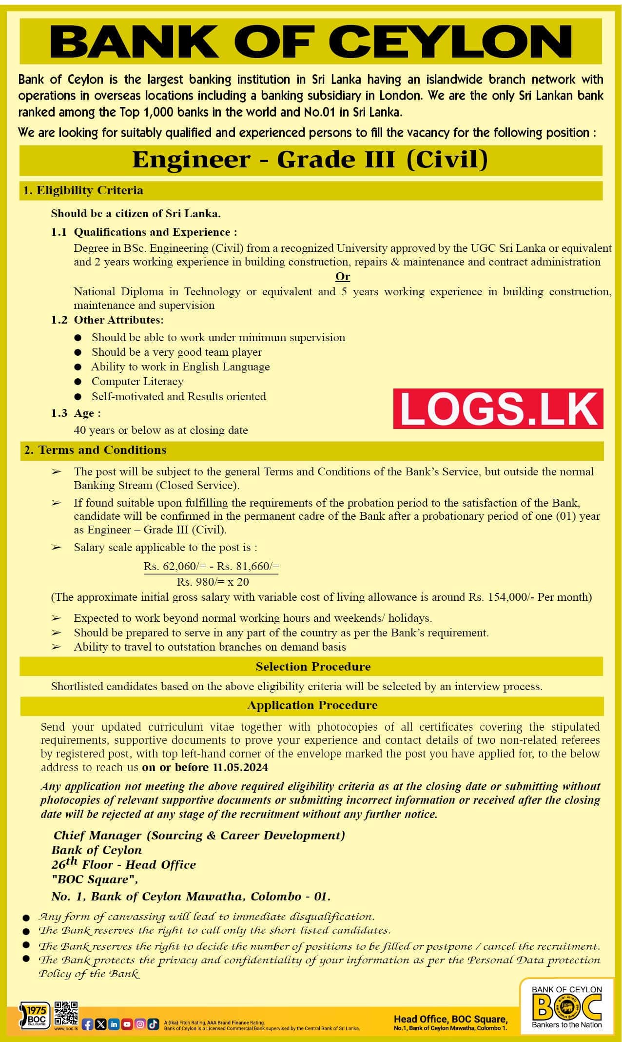 Engineer - Grade III (Civil) - BOC Bank Vacancies 2024 Application Form, Details Download