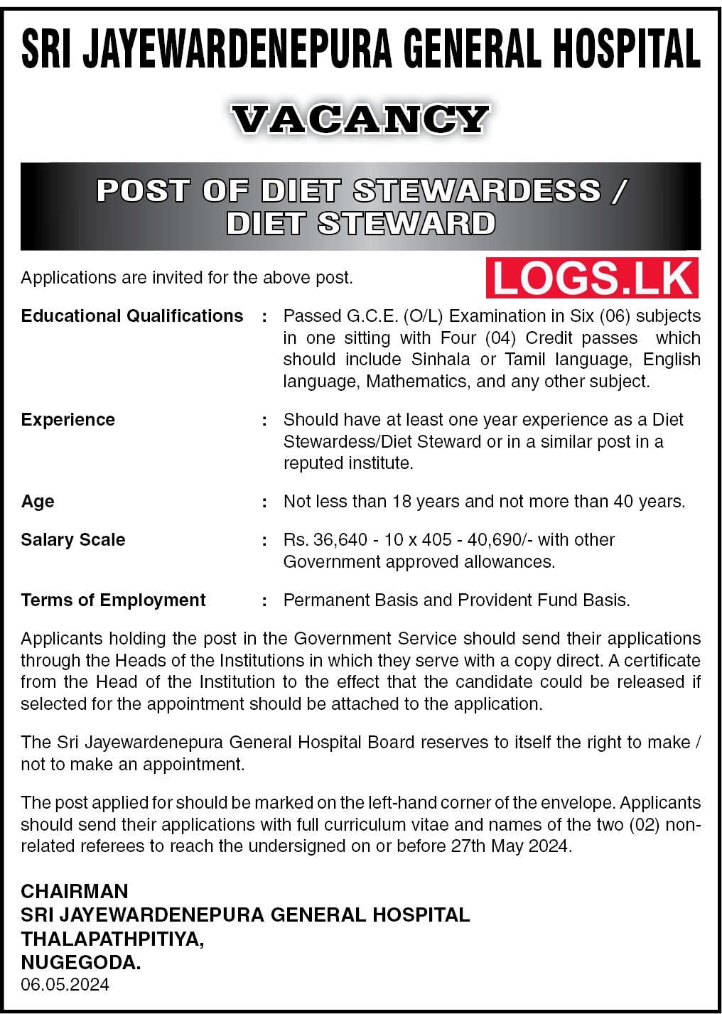 Diet Steward - Sri Jayewardenepura General Hospital Vacancies 2024 Application Form, Details Download
