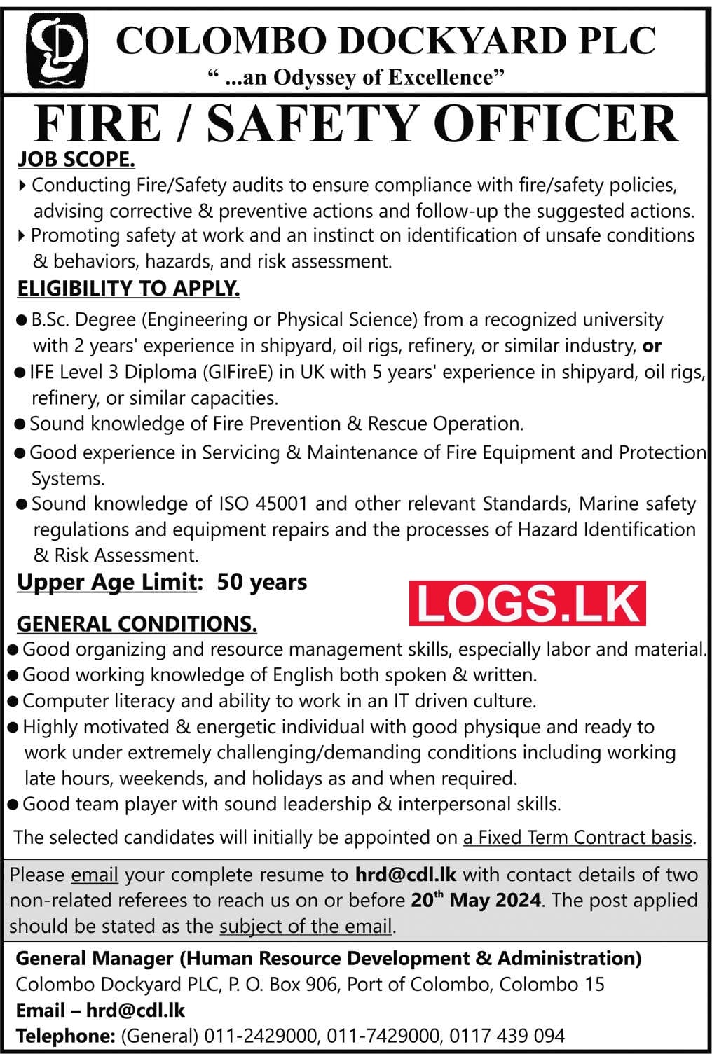 Safety Officer - Colombo Dockyard Job Vacancies 2024 Application Form, Details Download
