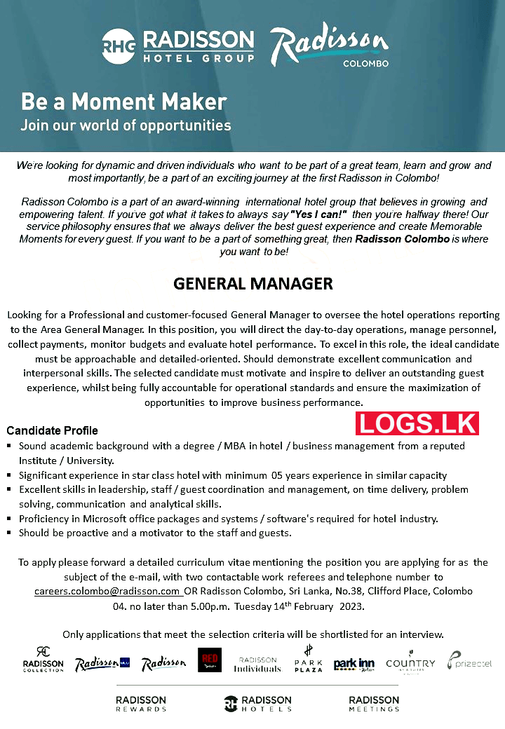 General Manager Job Vacancy at Radisson Hotel Group Job Vacancies in Sri Lanka
