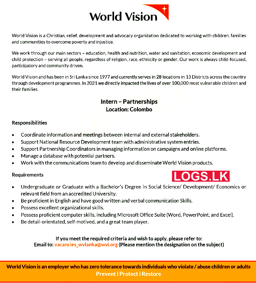 Intern Partnerships at Colombo World Vision Job Vacancies Application