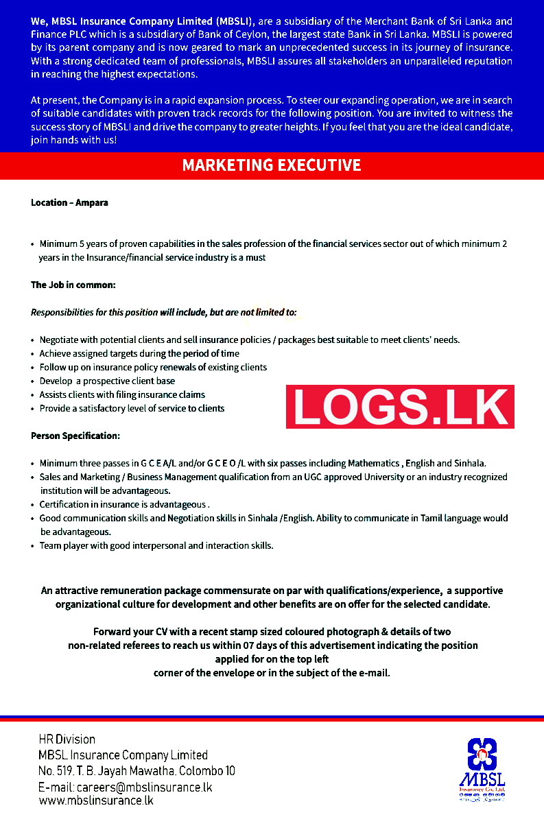 Marketing Executive Vacancy 2023 in Ampara MBSL Bank Job Vacancies 2023
