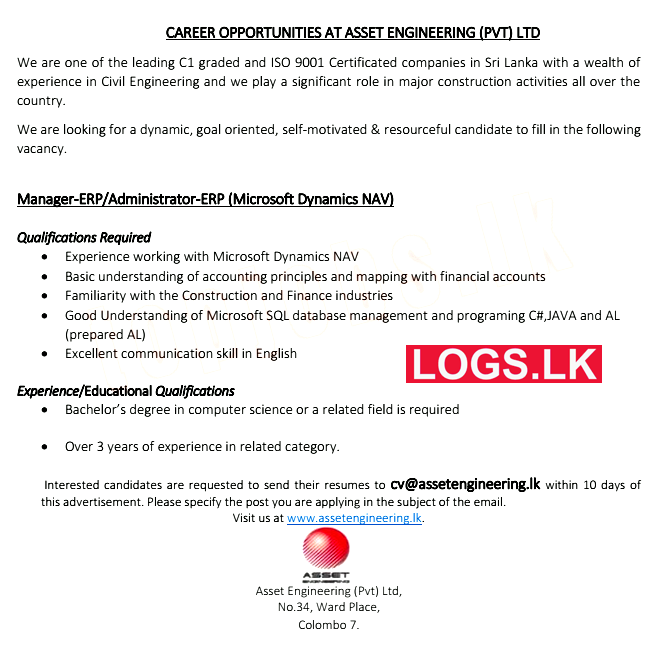 Manager / Administrator Vacancy at Asset Engineering (Pvt) Ltd Job Vacancies