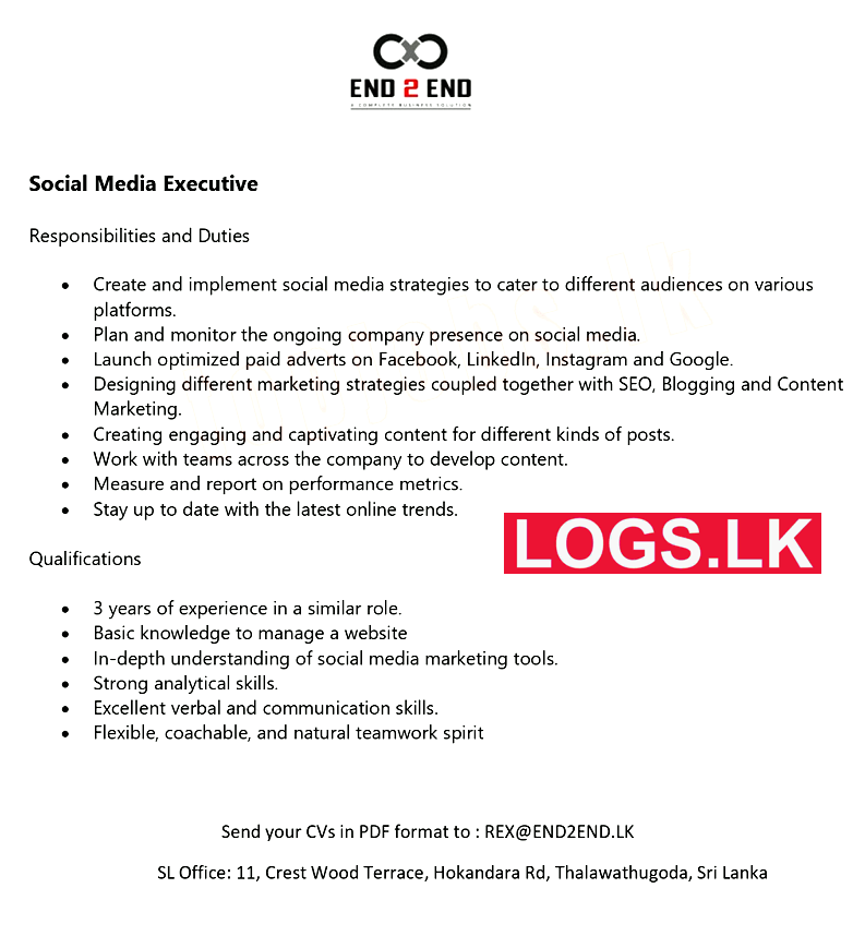 Tiempos antiguos dosis satisfacción Social Media Executive Vacancy at End 2 End Solutions Sri Lanka