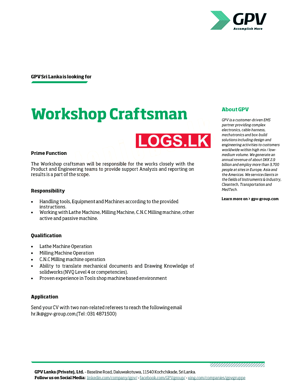 Workshop Craftsman Vacancy at GPV Lanka Job Vacancies