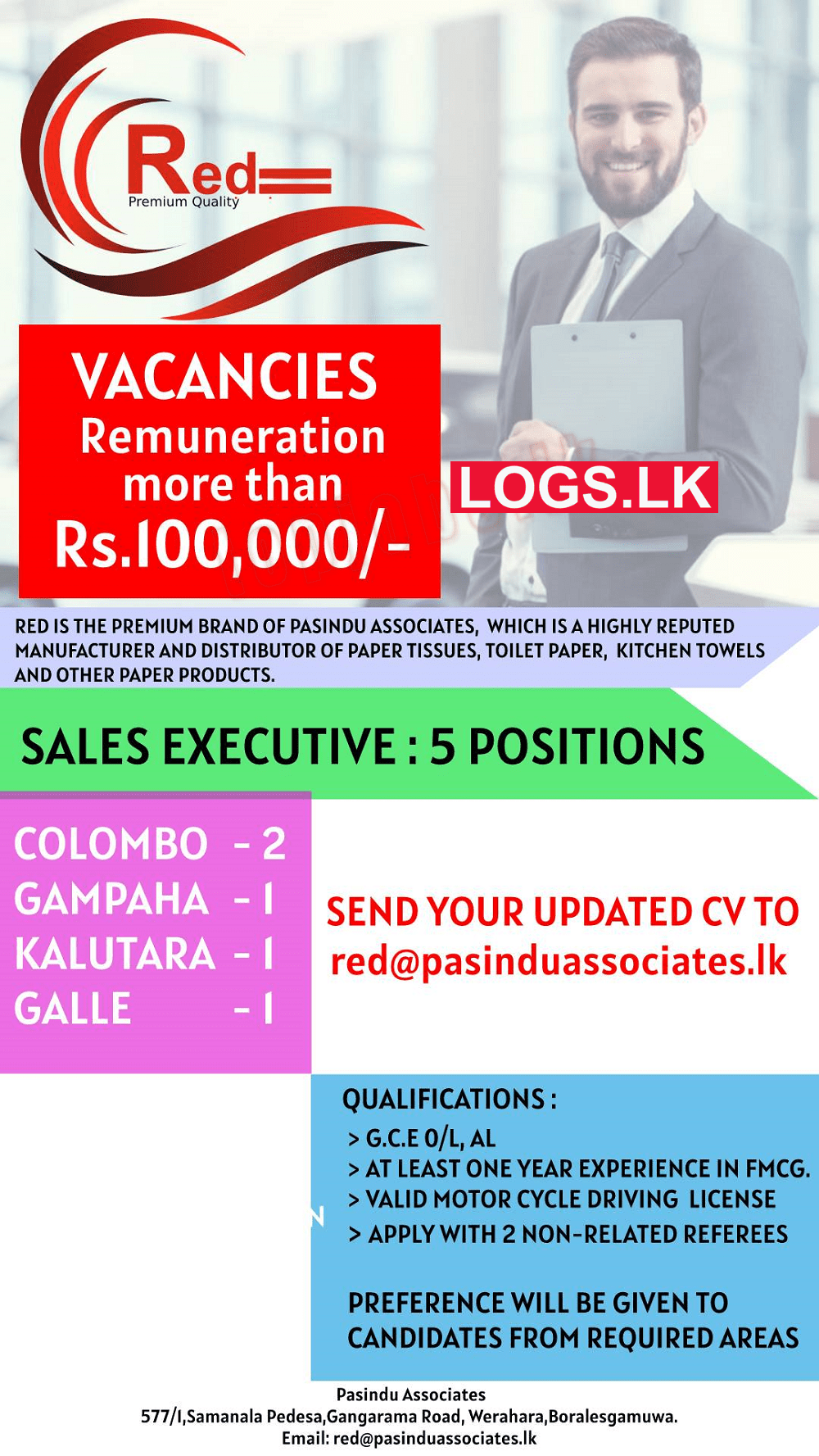 Sales Executive Vacancy at Pasindu Associates Sri Lanka Job Vacancies