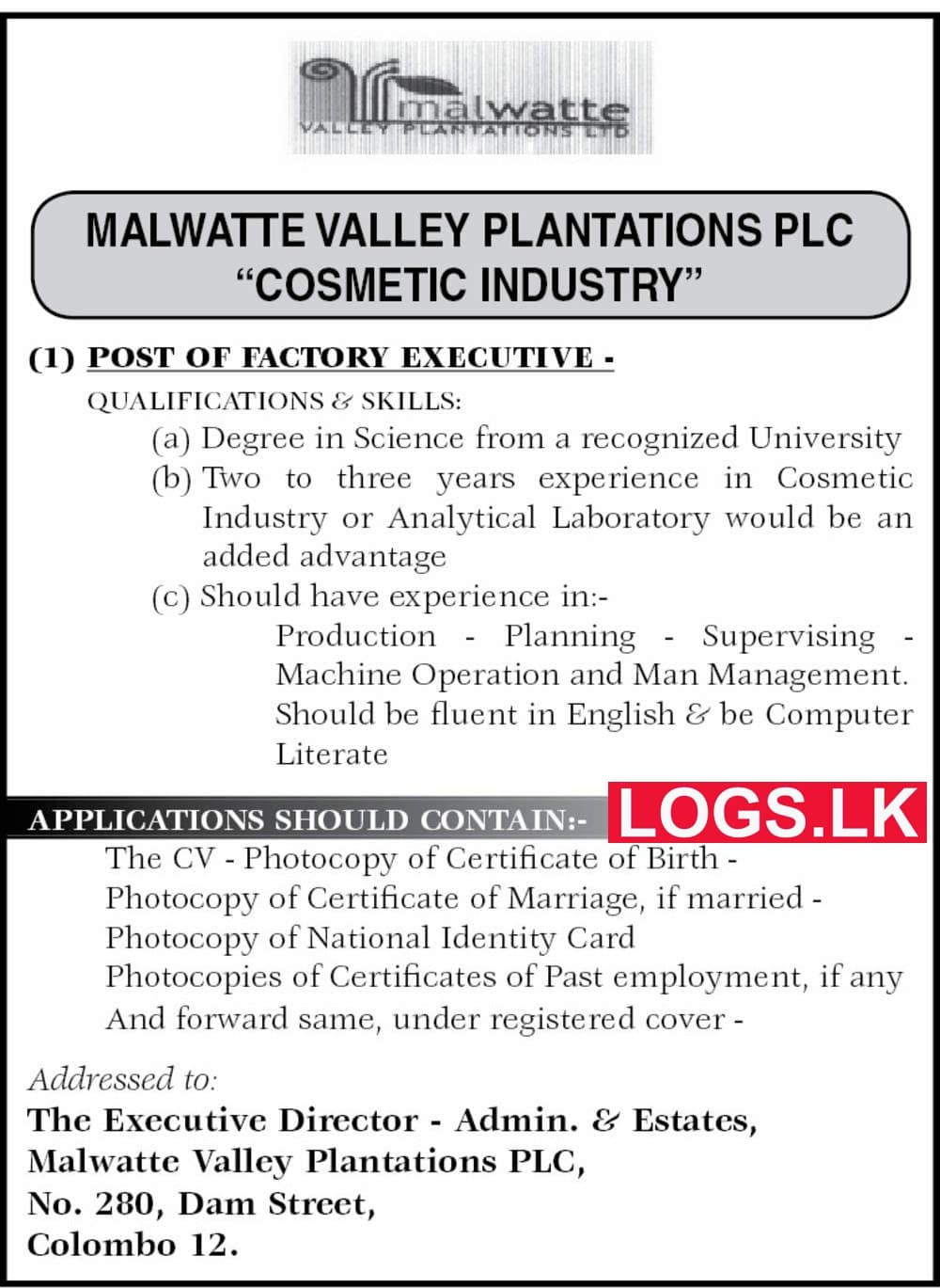 Factory Executive Vacancy at Malwatte Valley Plantations PLC Job Vacancies