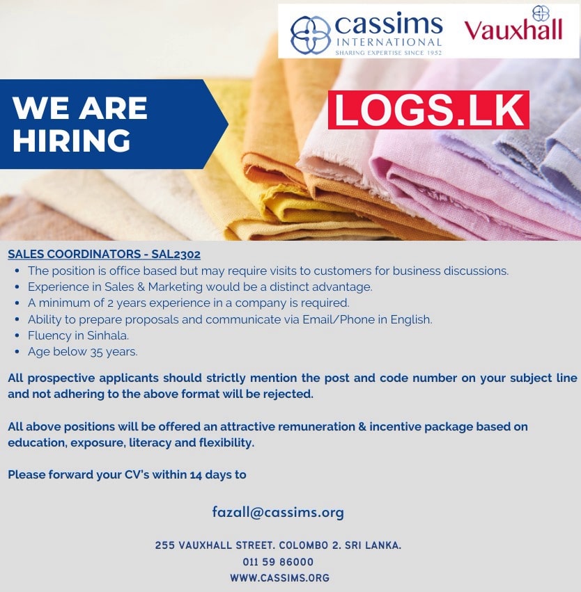 Sales Coordinators Vacancies in Cassims International Job Vacancies Sri Lanka