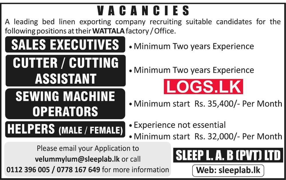 Sleep L.A.B (Pvt) Ltd Job Vacancies 2023 in Sri Lanka