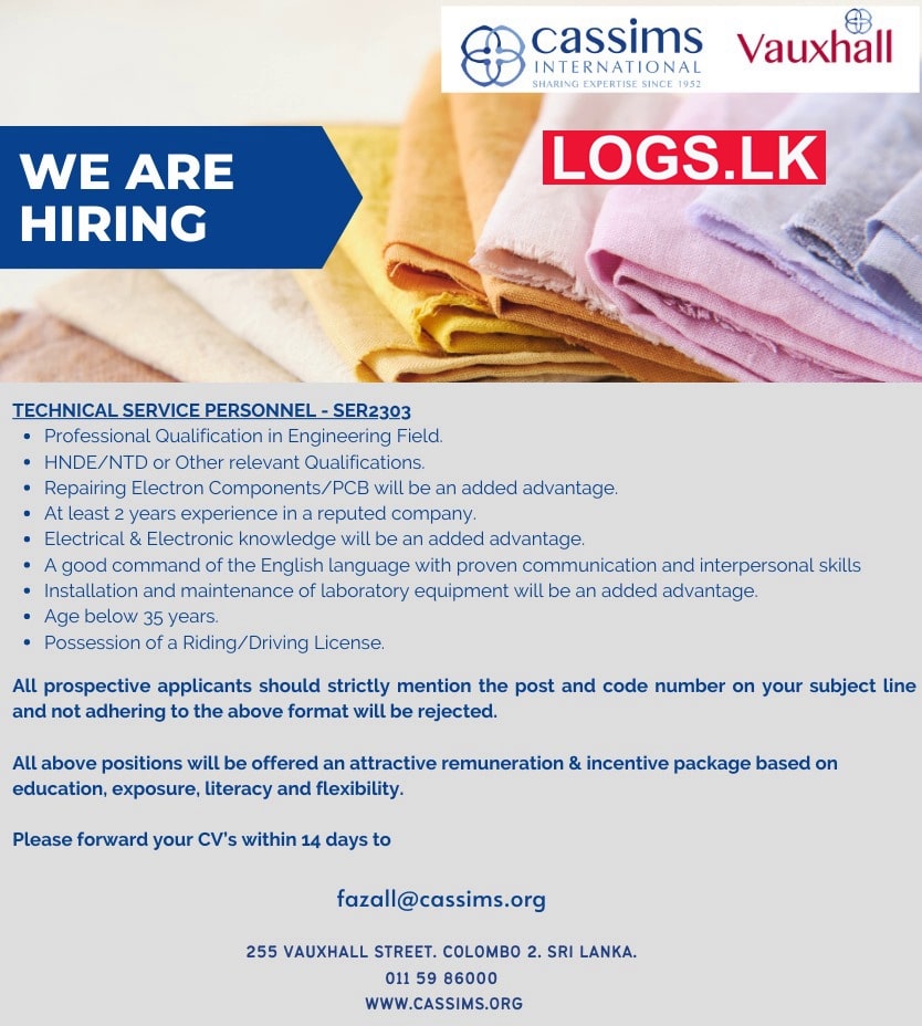 Technical Service Personnel Vacancy in Cassims International Sri Lanka Job Vacancies