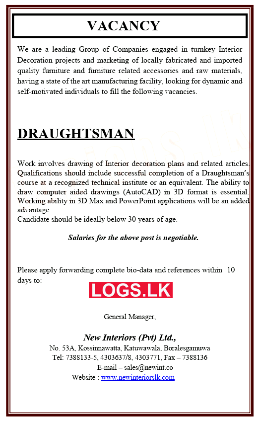 Draughtsman Job Vacancy at New Interiors Job Vacancies