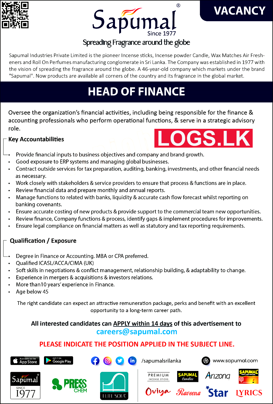 Head of Finance Job Vacancy at Sapumal Industries (Pvt) Ltd Job Vacancies
