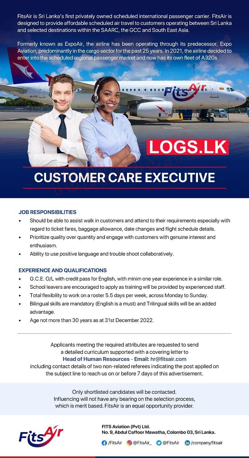 Customer Care Executive Job Vacancy at Fits Aviation (Pvt) Ltd Job Vacancies