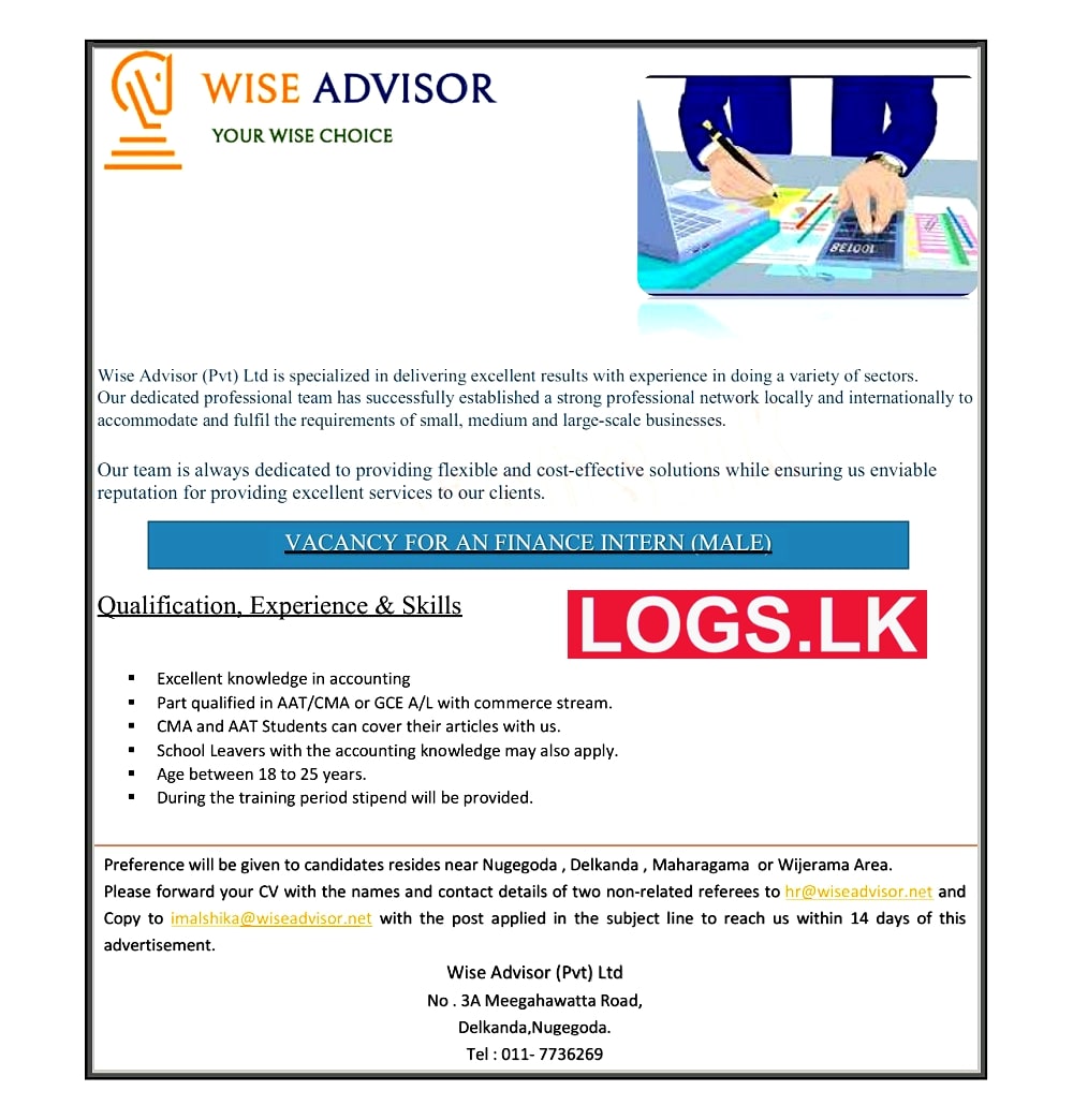 Finance Intern Job Vacancy at Wise Advisor (Pvt) Ltd in Sri Lanka