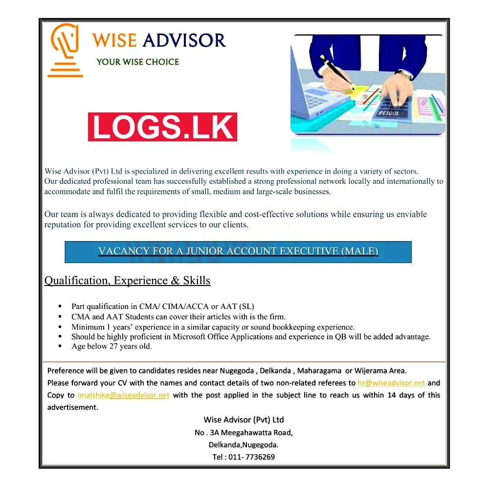 Junior Account Executive Vacancy at Wise Advisor (Pvt) Ltd Sri Lanka Application