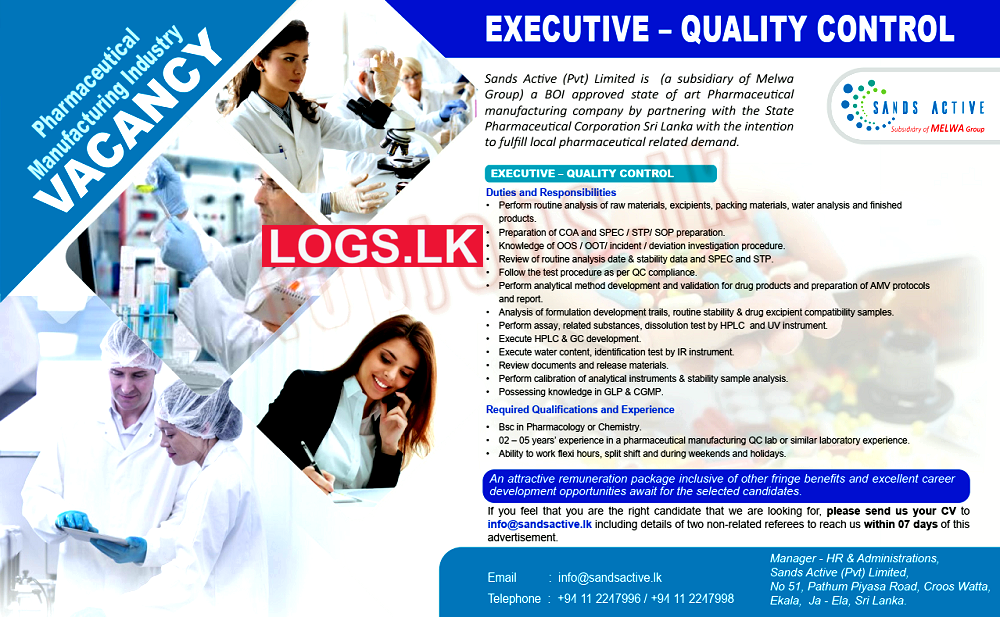 Quality Control Executive Vacancy at Sands Active (Pvt) Ltd Job Vacancies Application Form Download