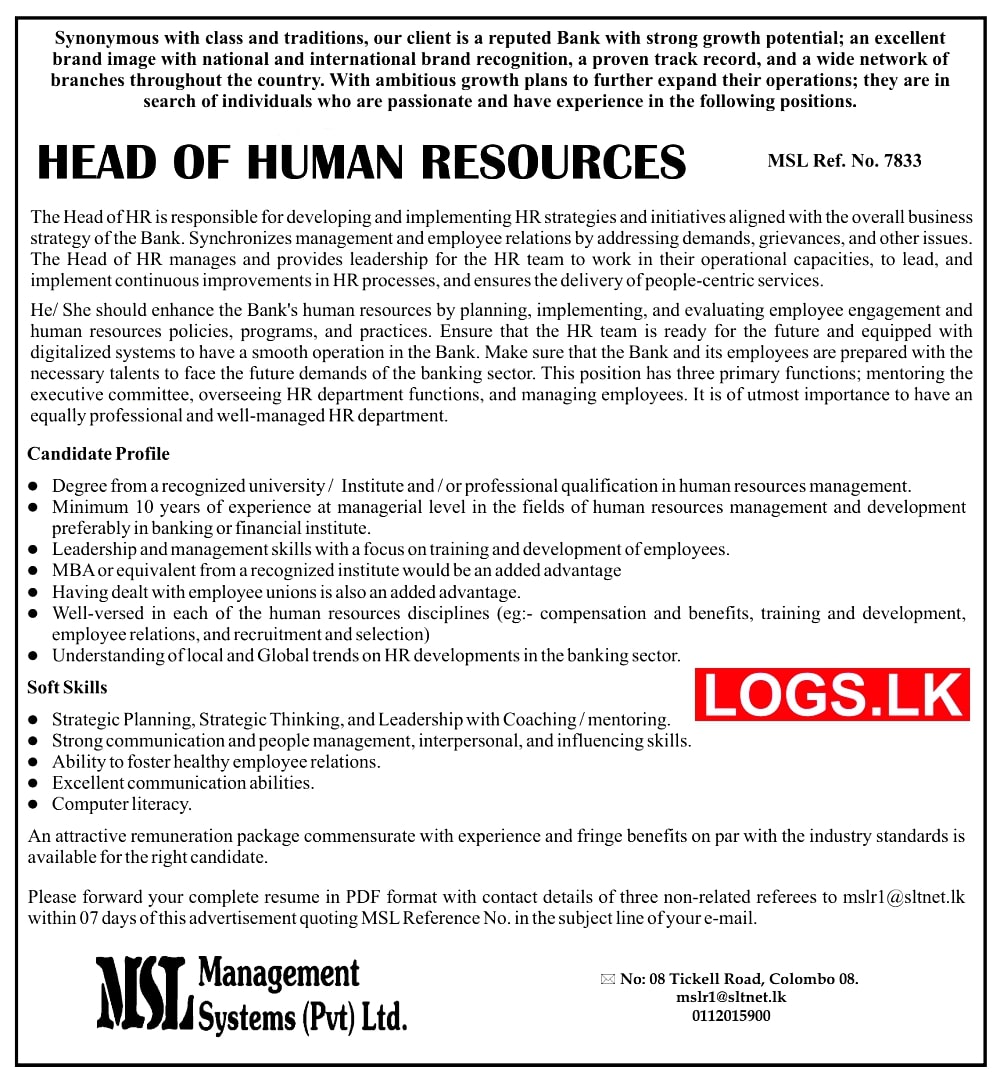 Head of Human Resources Vacancy at Management Systems (Pvt) Ltd Job Vacancies