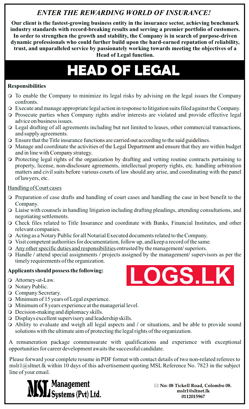 Head of Legal Job Vacancy at Management Systems (Pvt) Ltd Job Vacancies