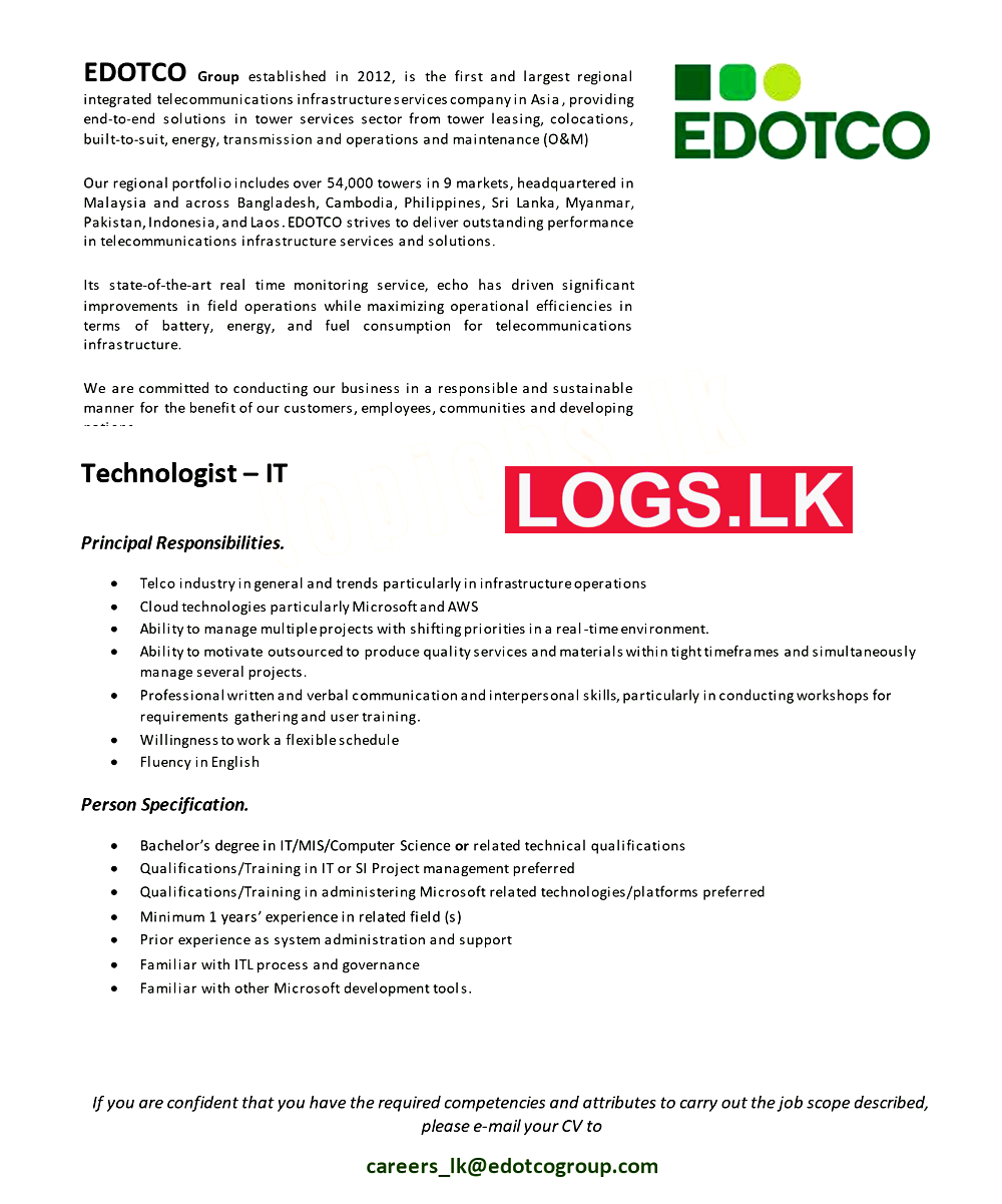 IT Technologist Job Vacancy at Edotco Group Sri Lanka Application Form Download